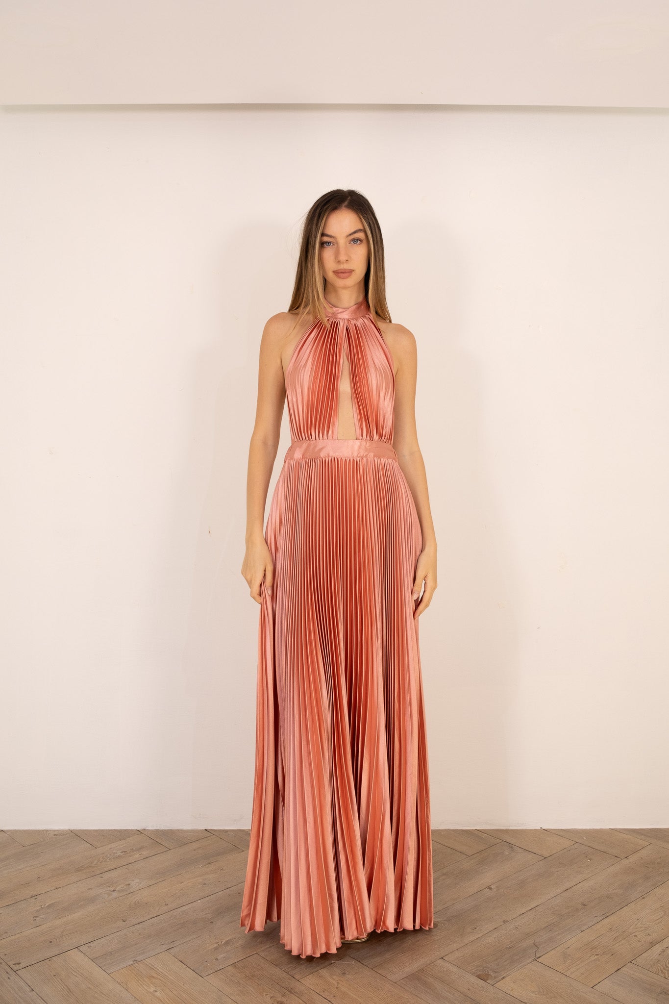 Rosé Pleated Halter Dress