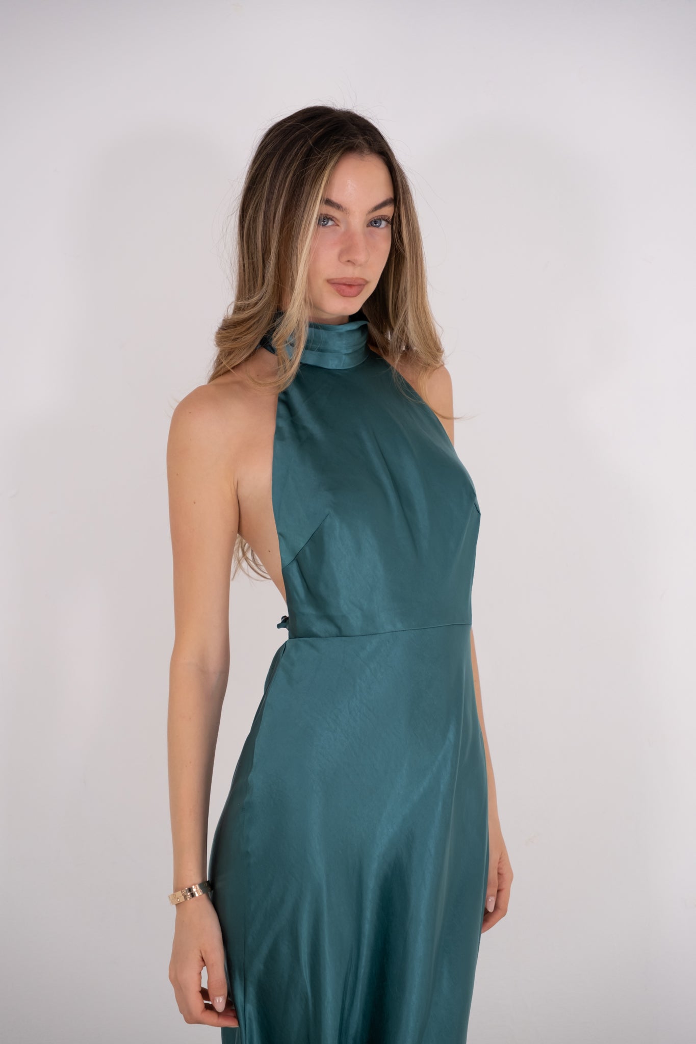 Green Open Back Pearl Silk Dress
