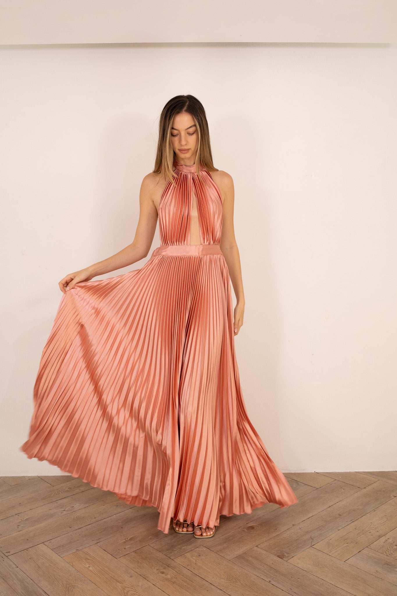 Rosé Pleated Halter Dress