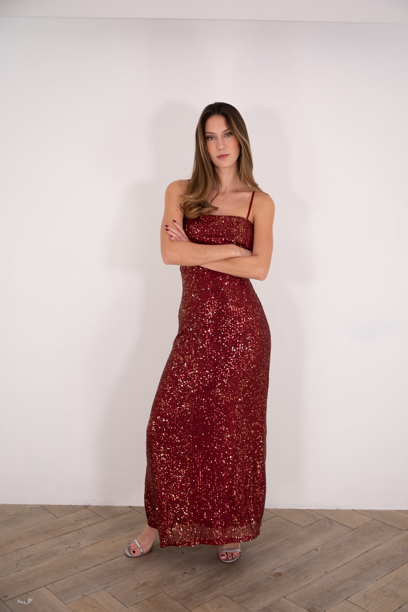 Burgundy Sequin Tube Maxi Dress