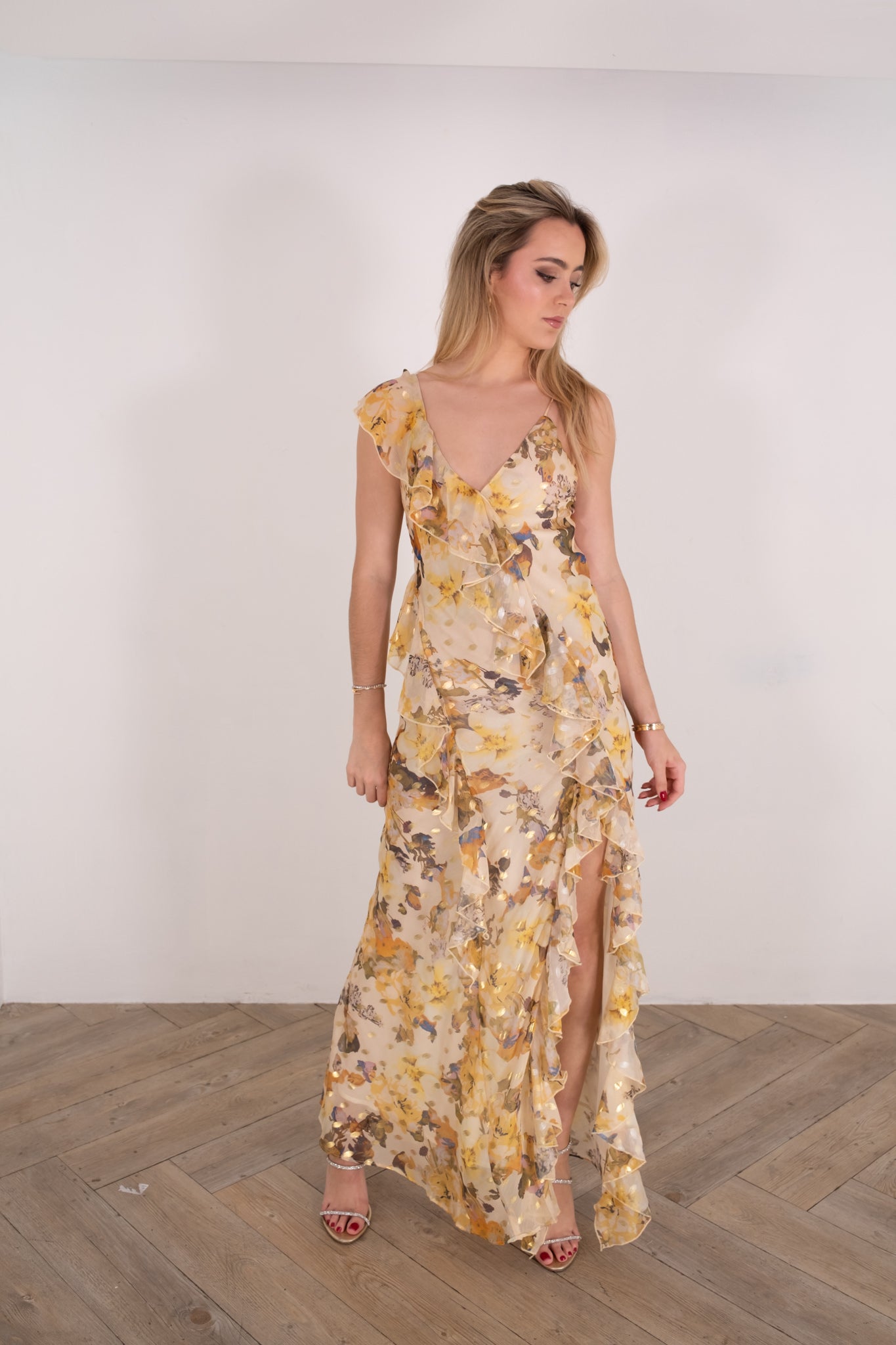 Golden Foil Floral Maxi Dress