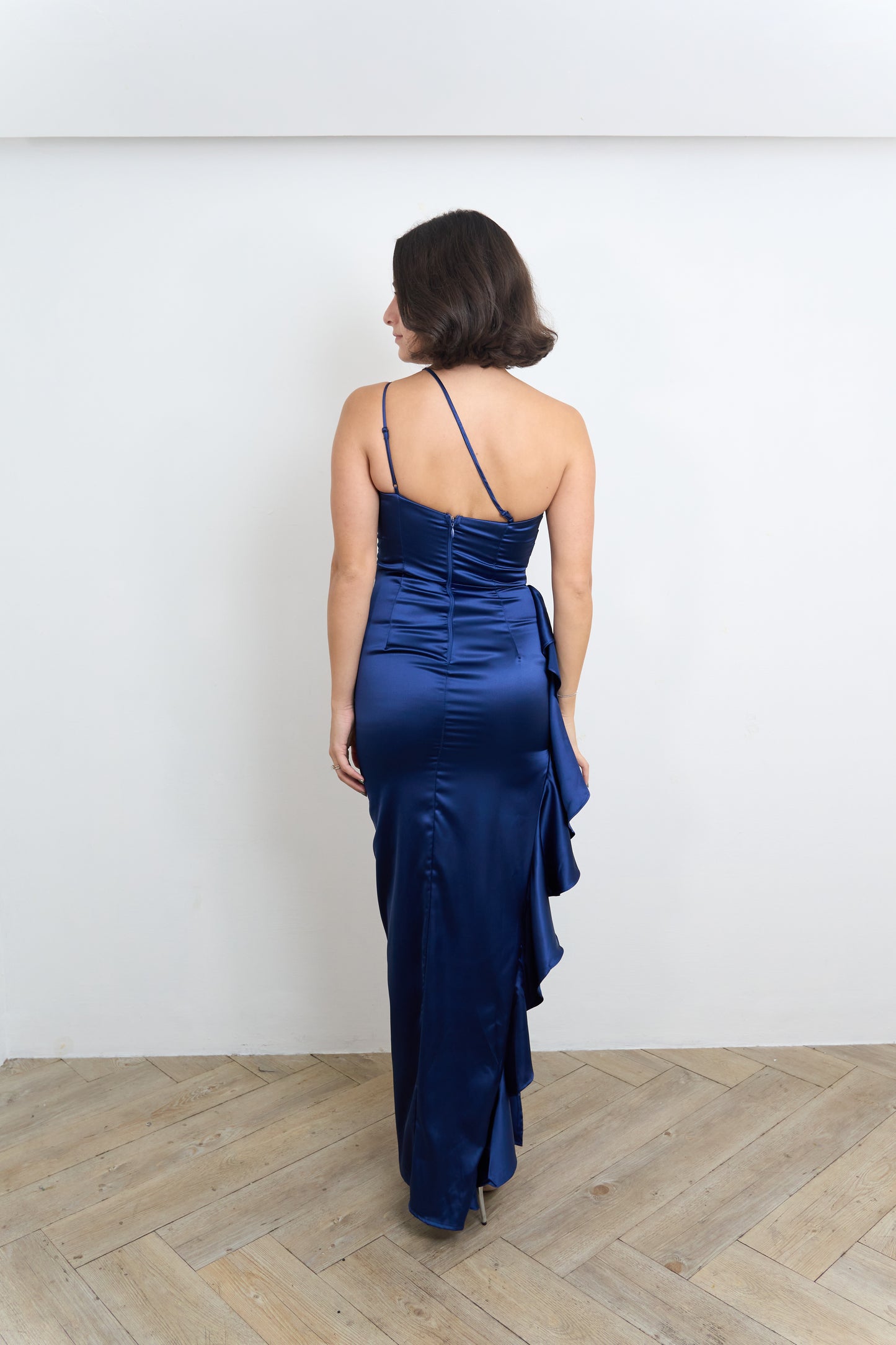 One Shoulder Navy Satin Dress