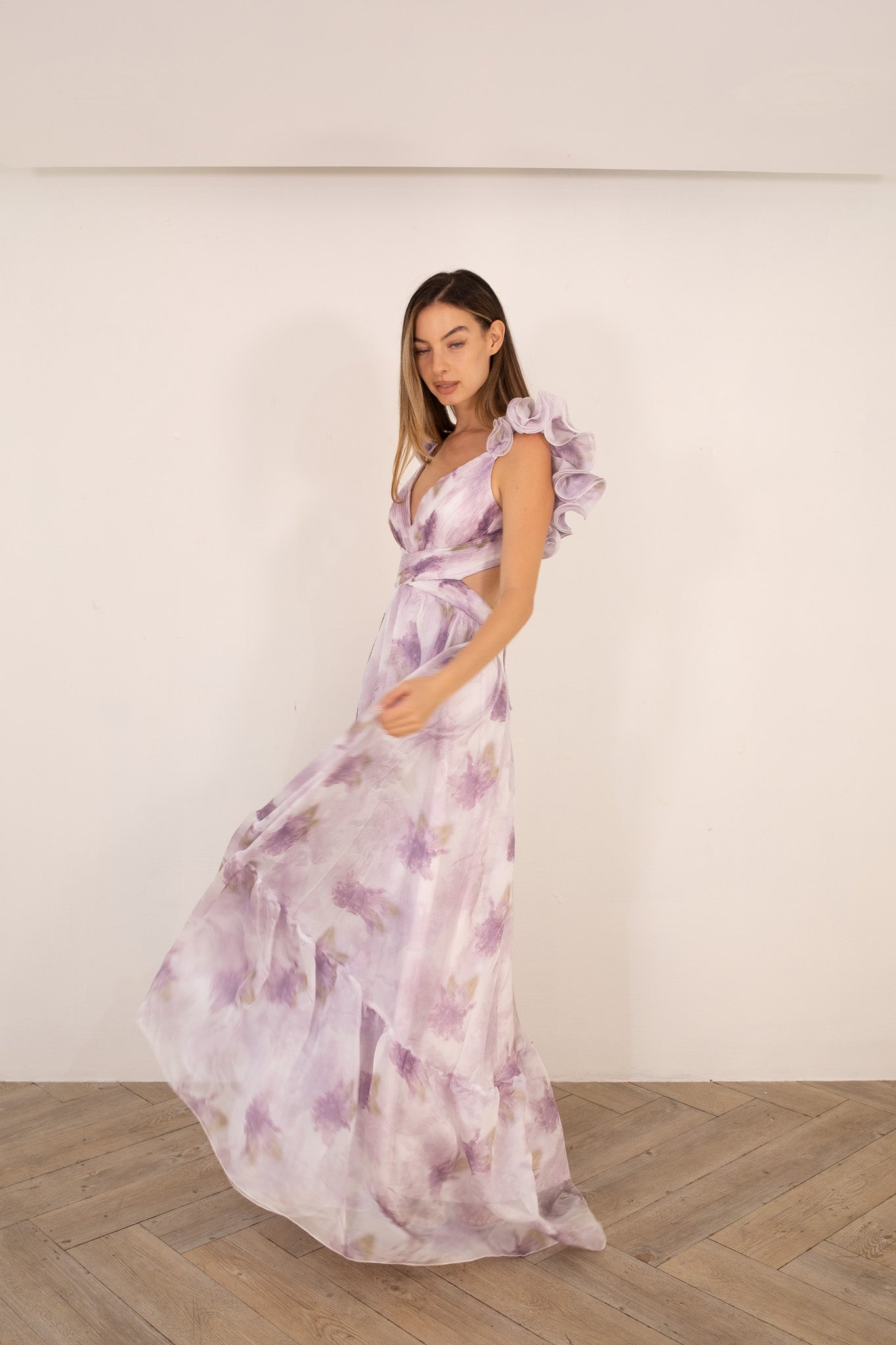 Lavender Ruffle Floral Printed Dress