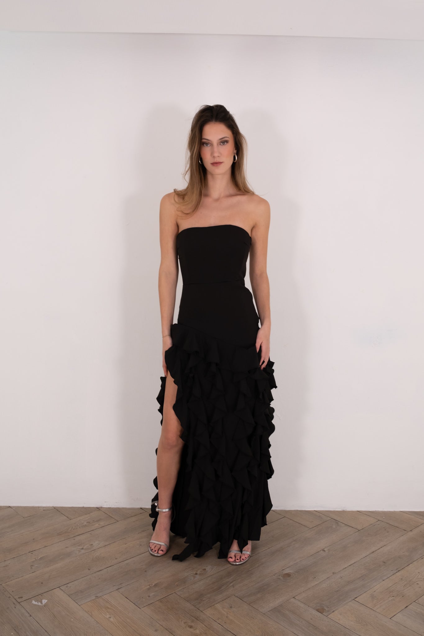 Black Ruffled Tube Maxi Dress