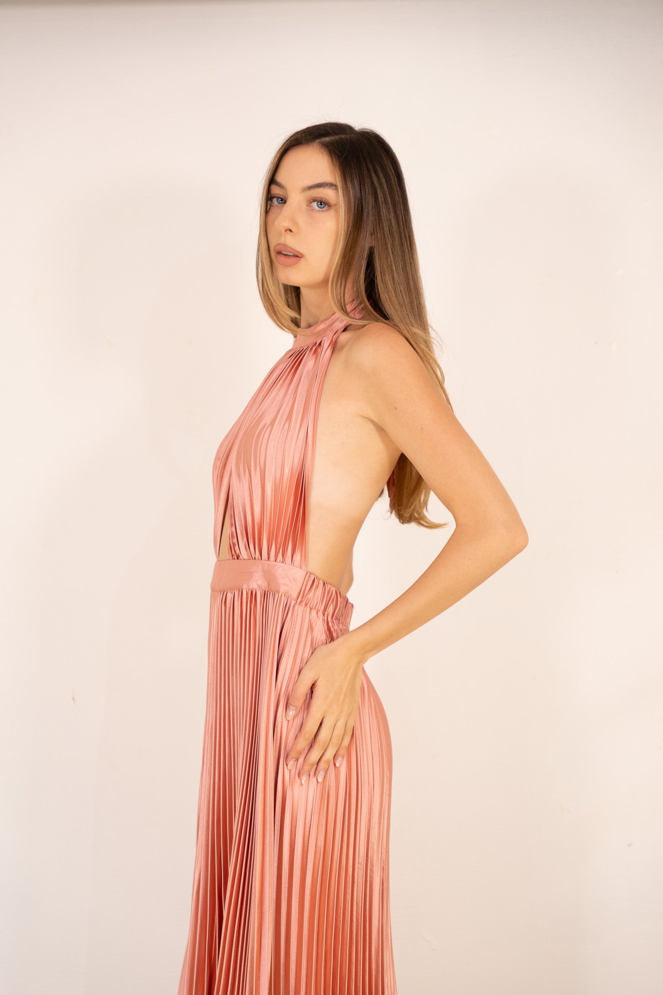 Rosé Pleated Halter Dress