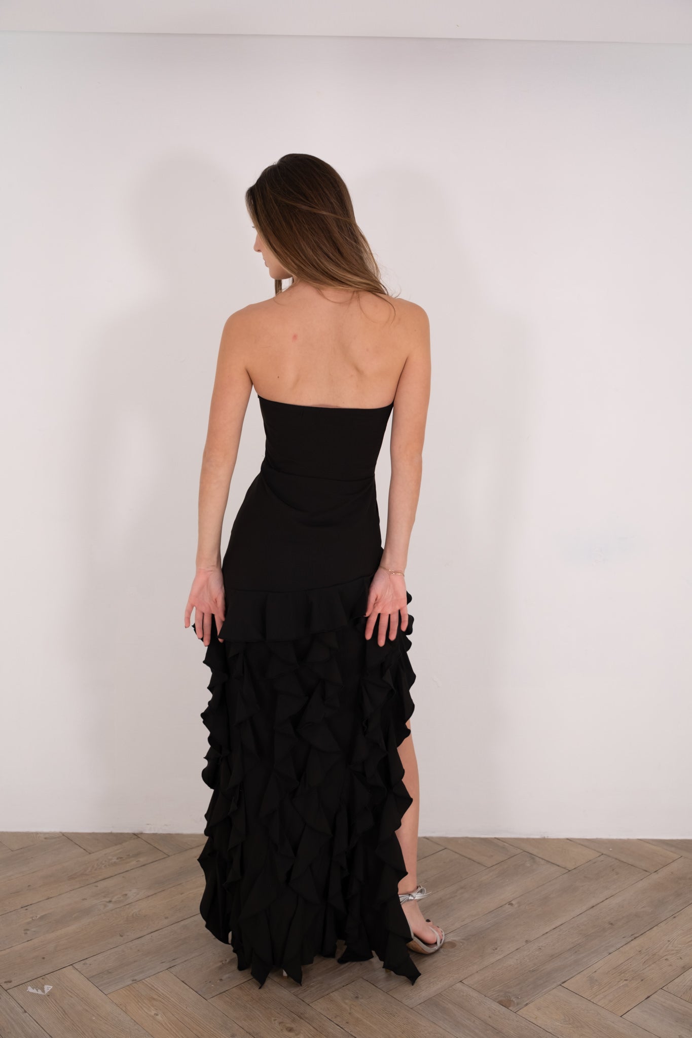 Black Ruffled Tube Maxi Dress