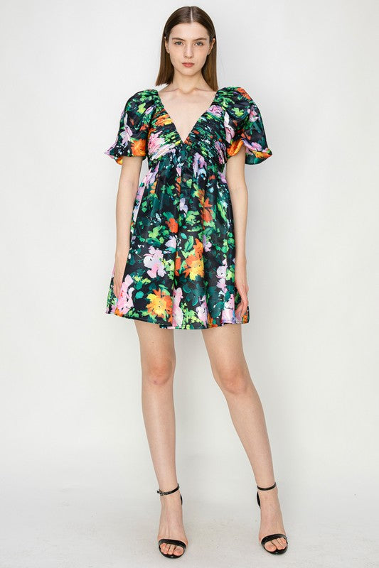 Black V-neck Floral Print Mini Dress