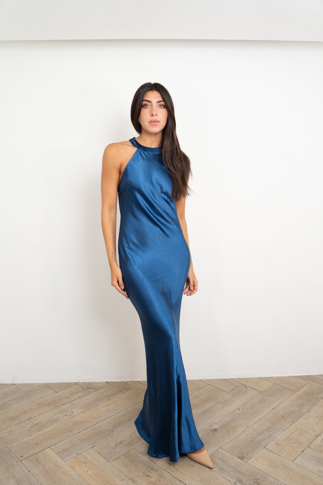 Blue Halter Silk Dress