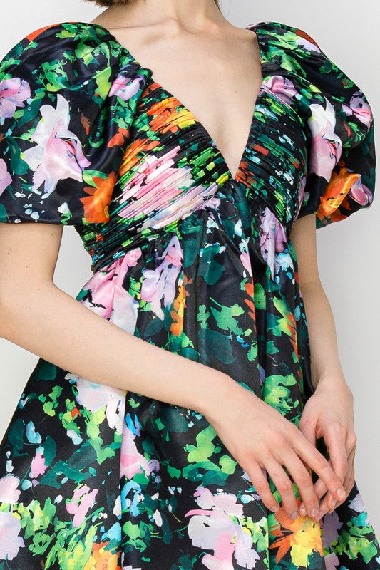 Black V-neck Floral Print Mini Dress