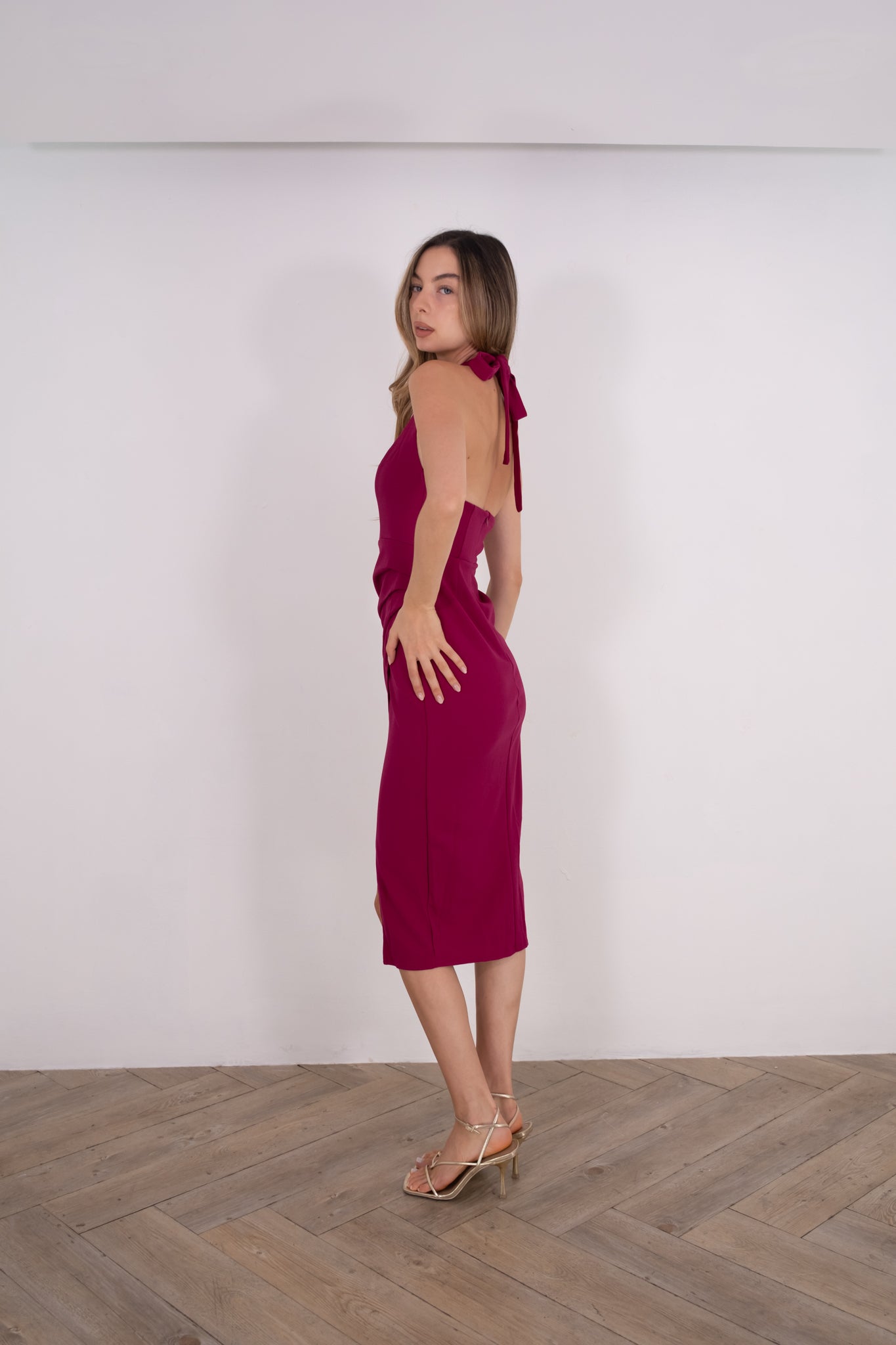 Magenta Halter Midi Dress