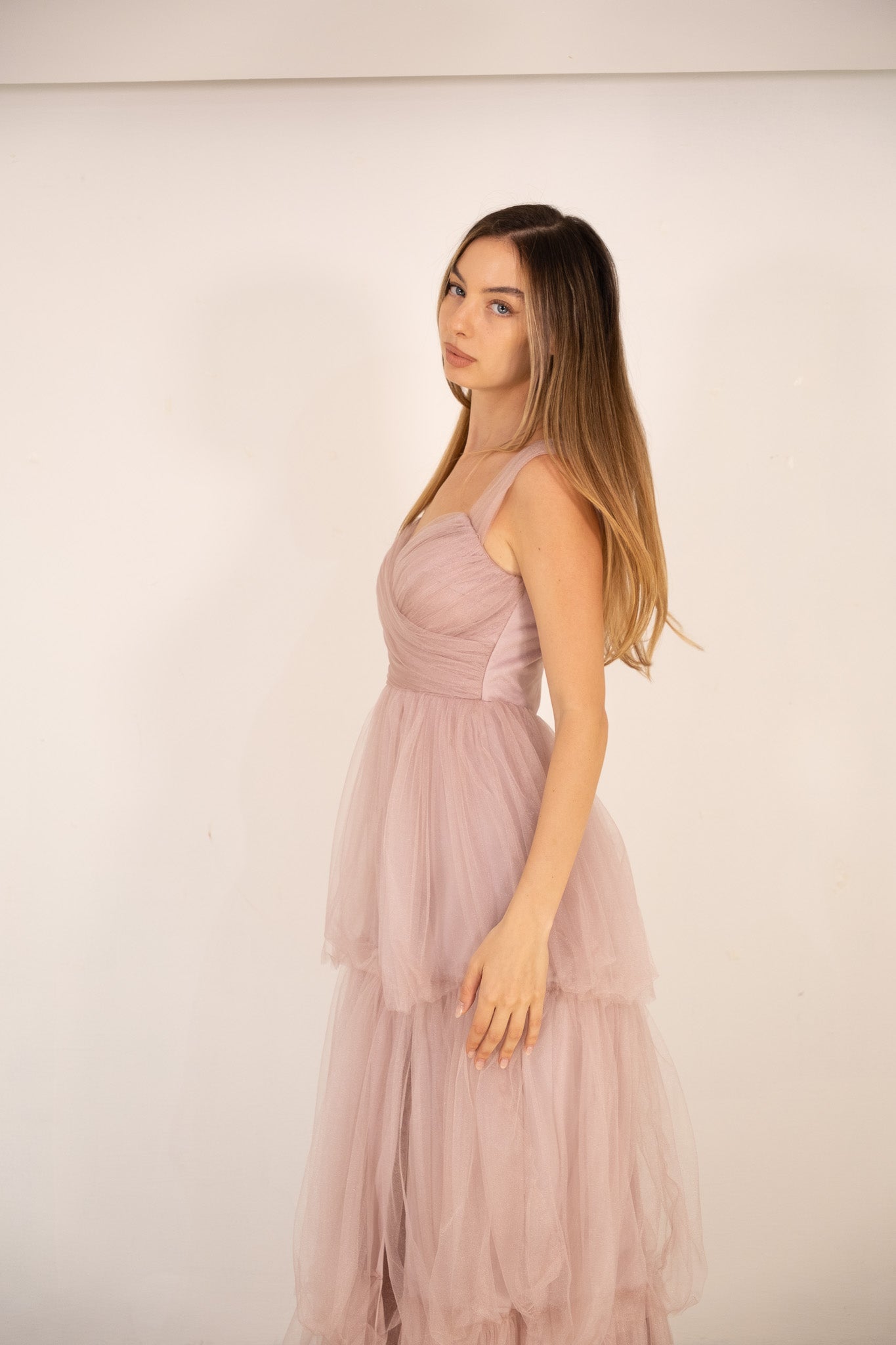 Pink Tulle Slit Maxi Dress