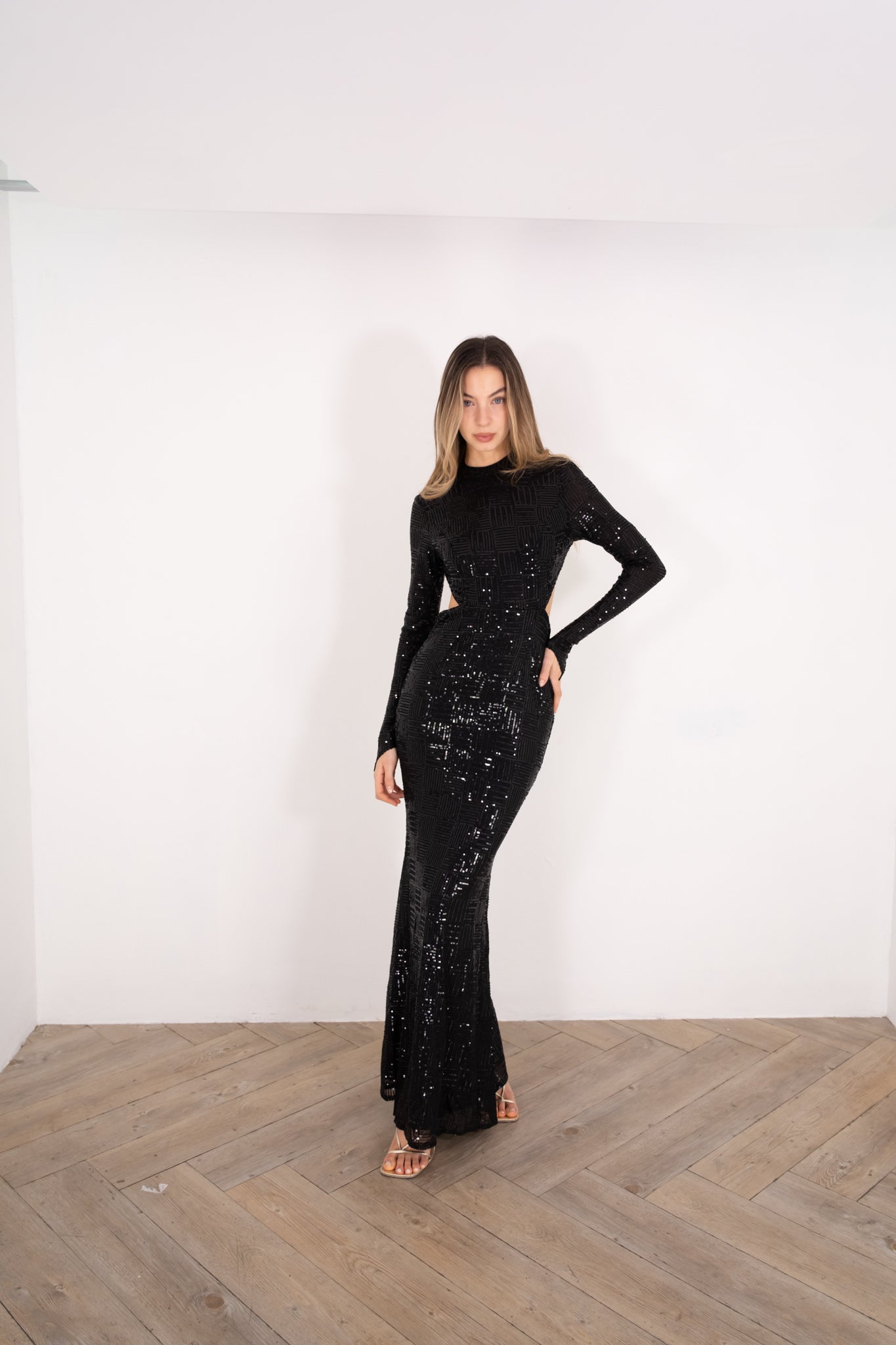 Black Long Sleeve Sequin Maxi Dress