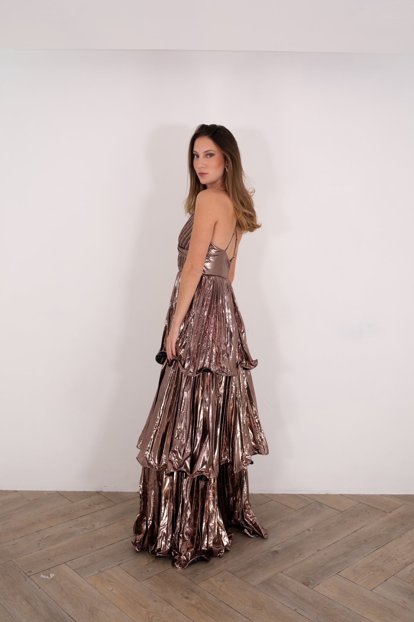 Bronze Metallic Peplum Dress