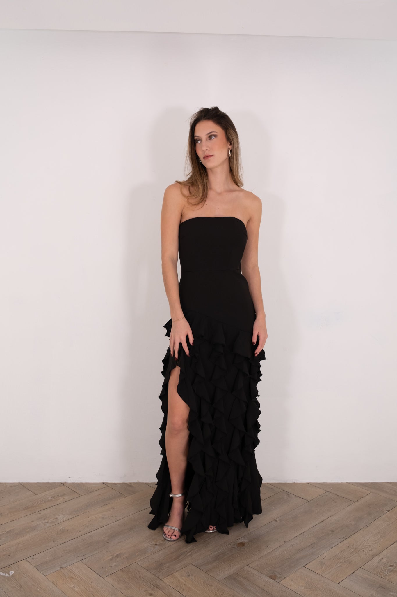 Black Ruffled Tube Maxi Dress