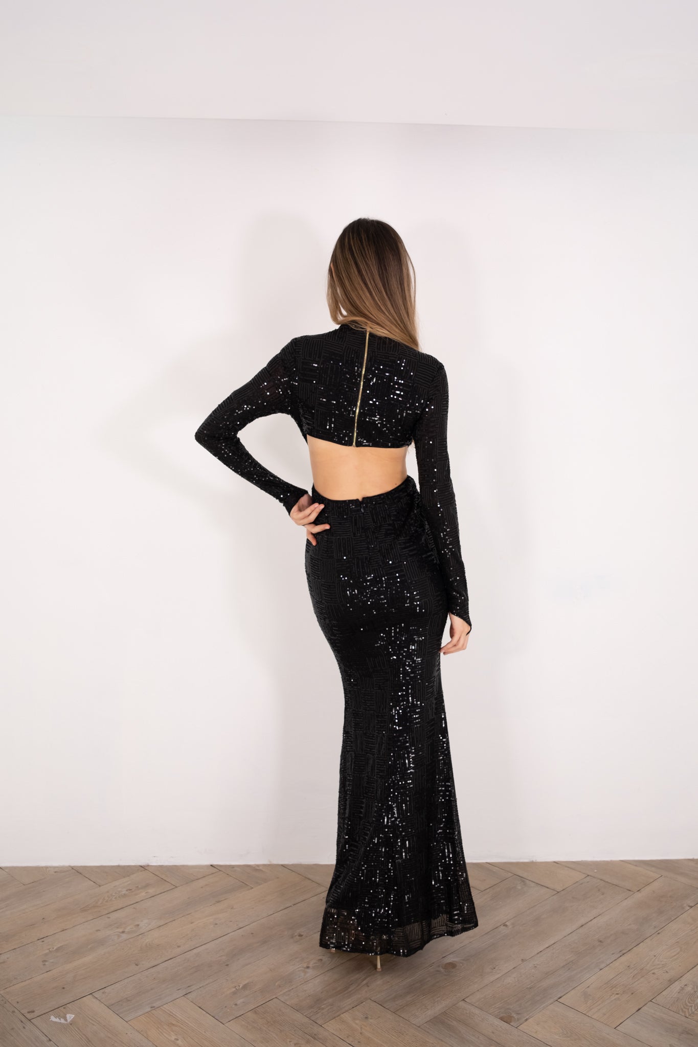 Black Long Sleeve Sequin Maxi Dress