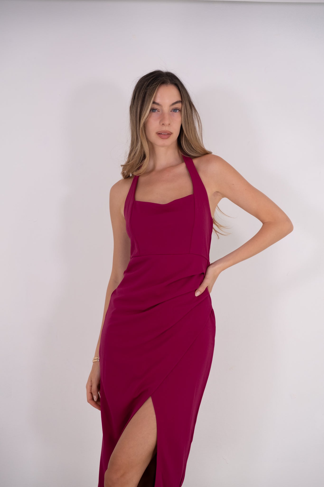 Magenta Halter Midi Dress