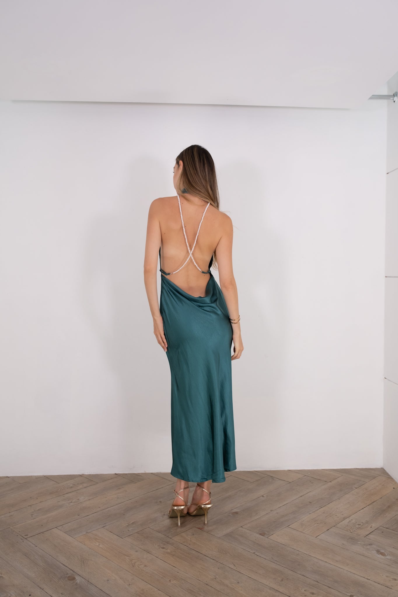 Green Open Back Pearl Silk Dress