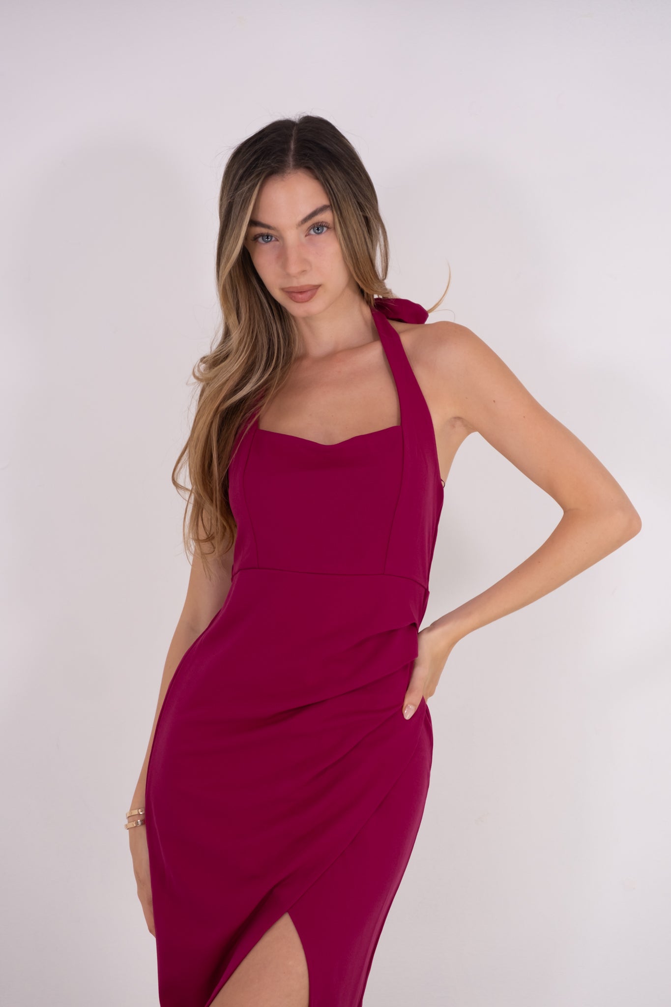Magenta Halter Midi Dress