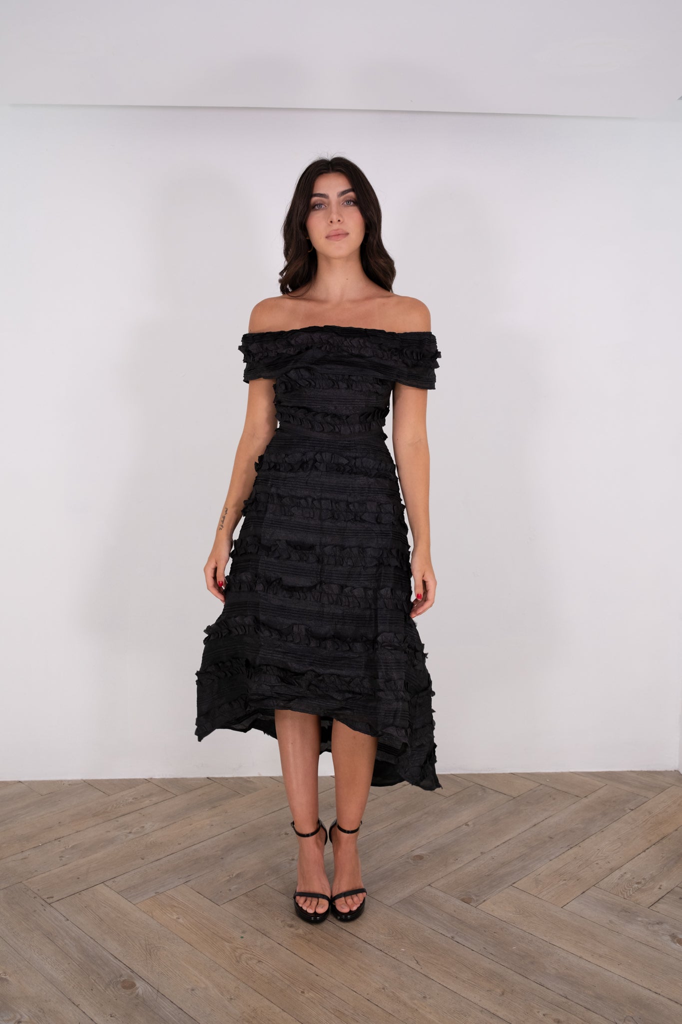 Black off-shoulder high low dress
