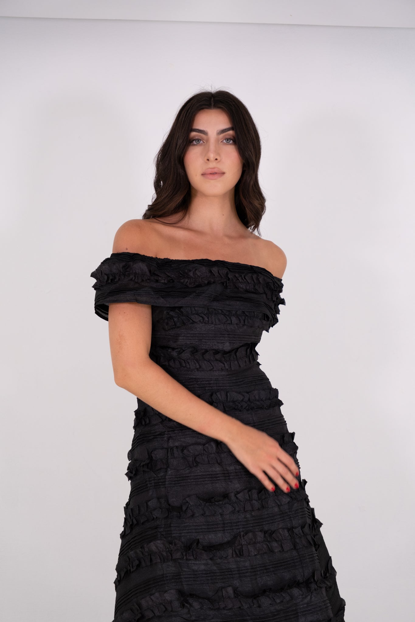 Black off-shoulder high low dress