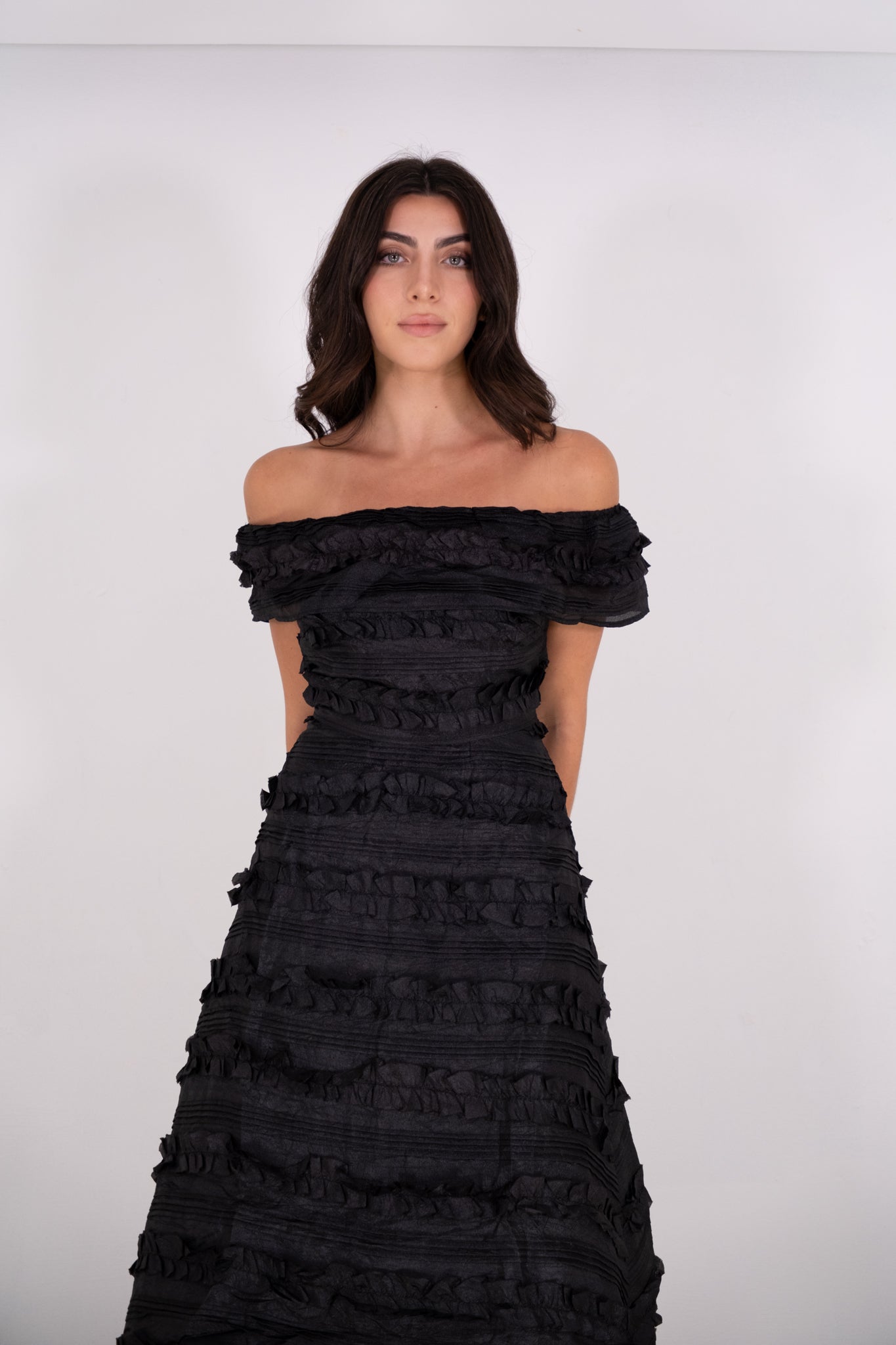 Black off-shoulder high low dress