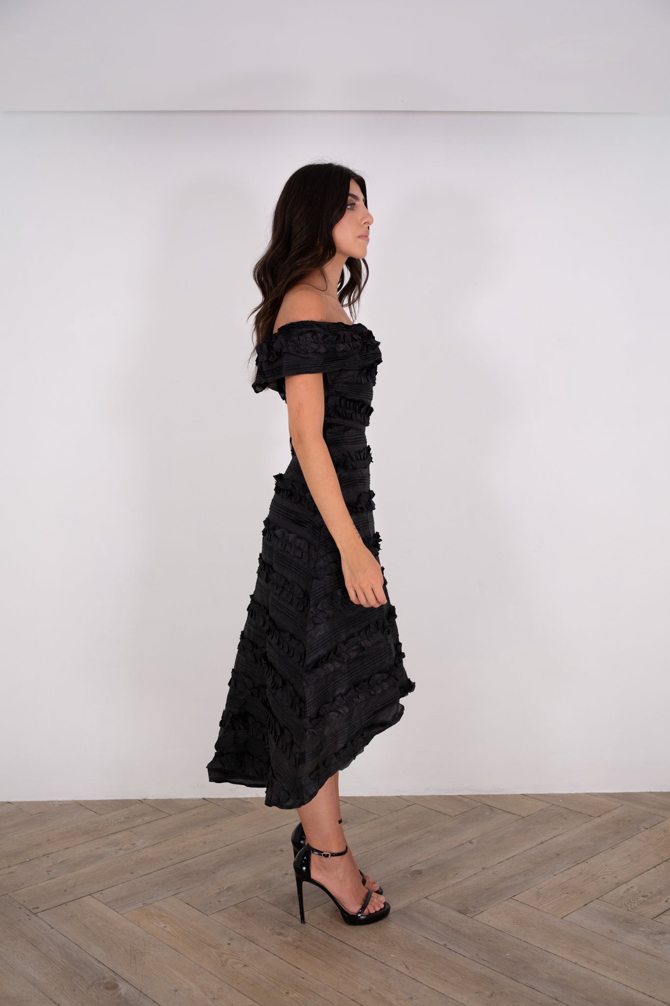 Black off-shoulder high low dress
