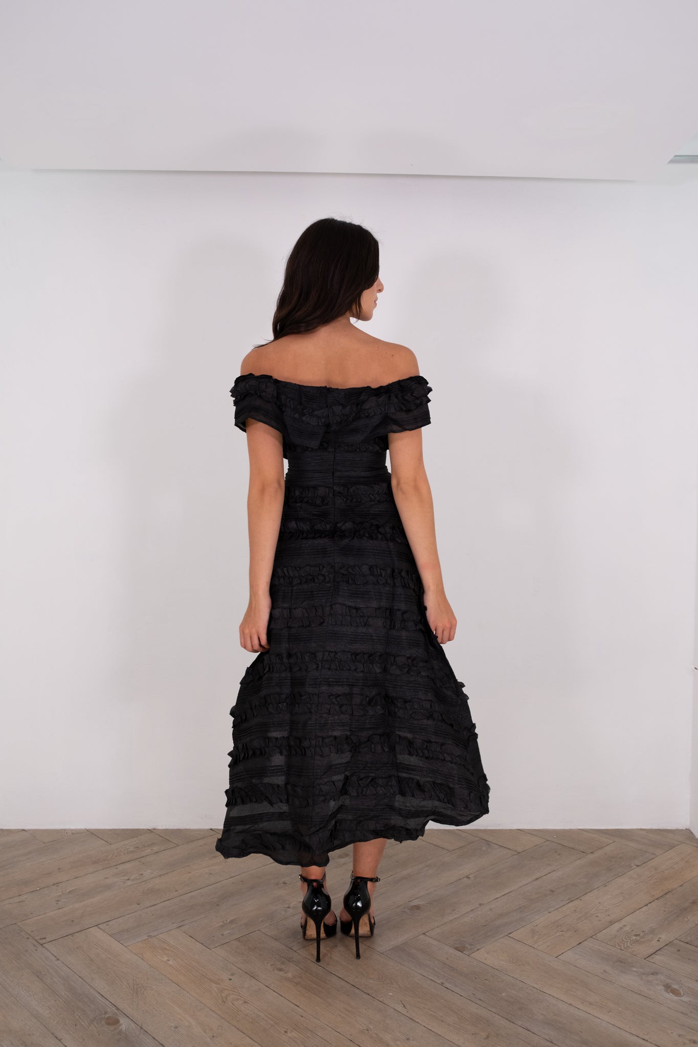 Black off-shoulder high low dress