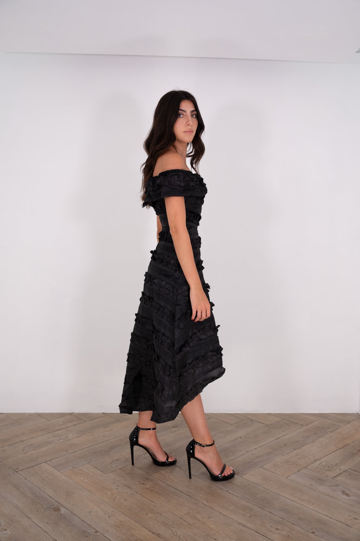Black off-shoulder high low dress