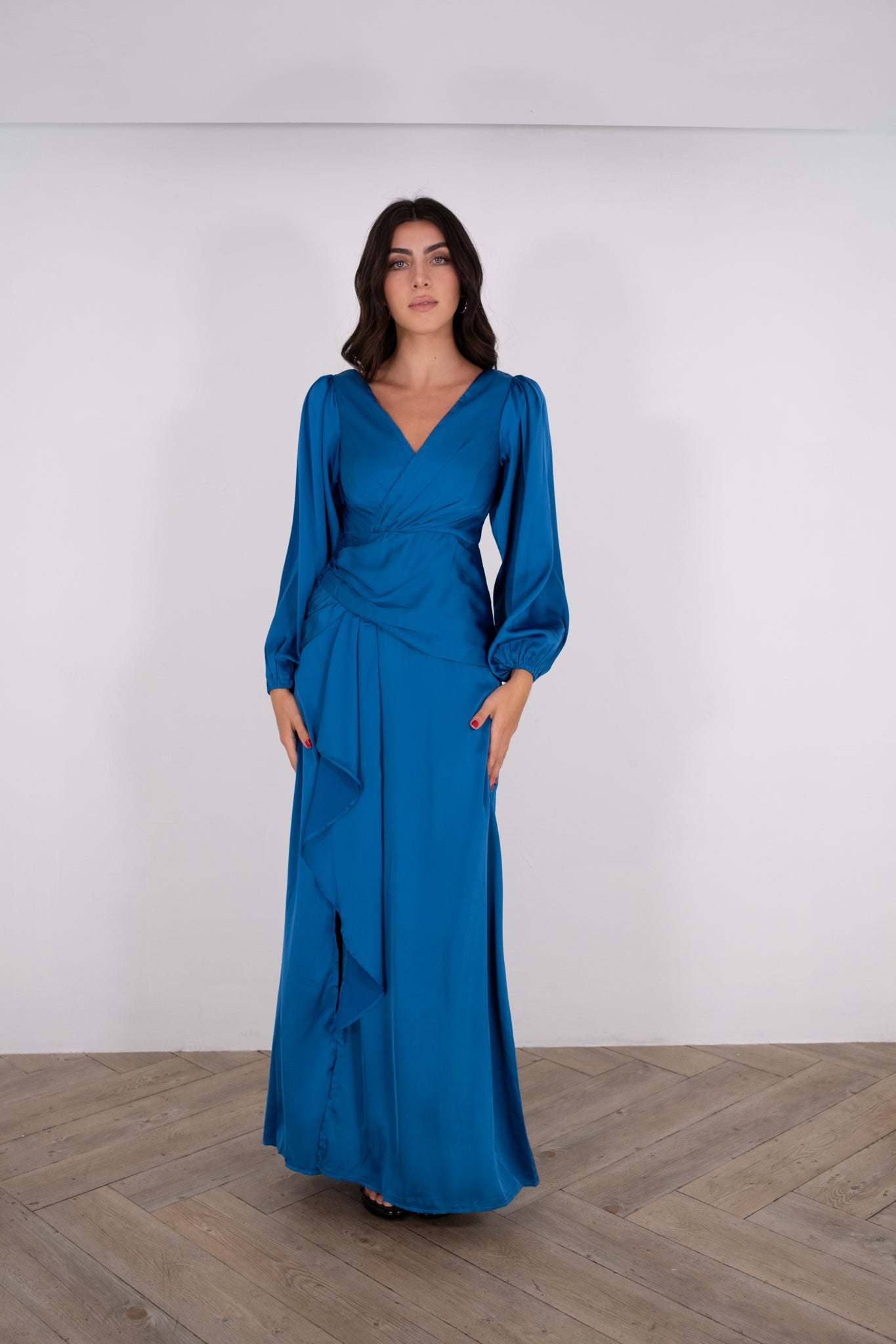Blue Long Sleeve Satin Dress