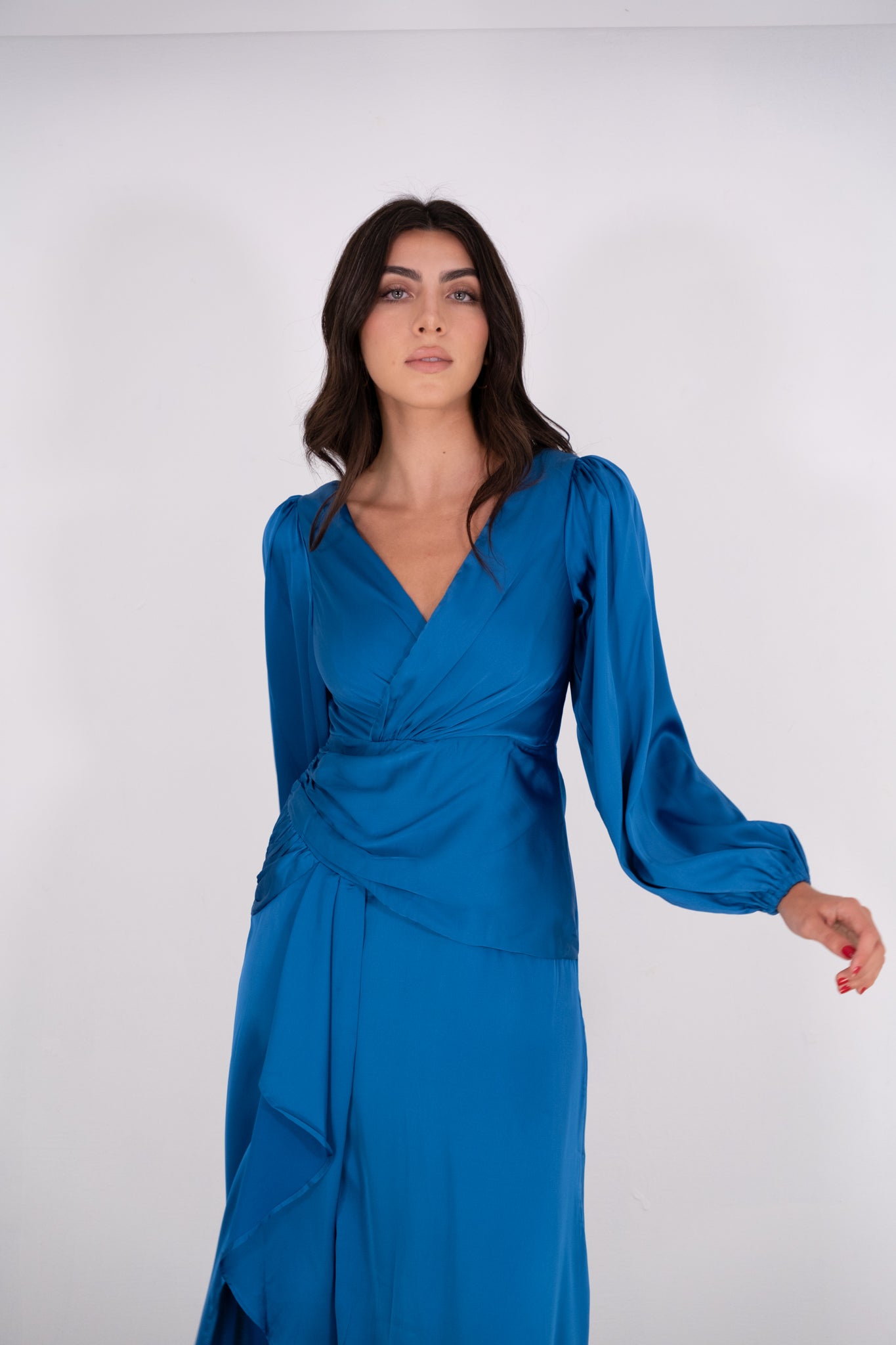 Blue Long Sleeve Satin Dress