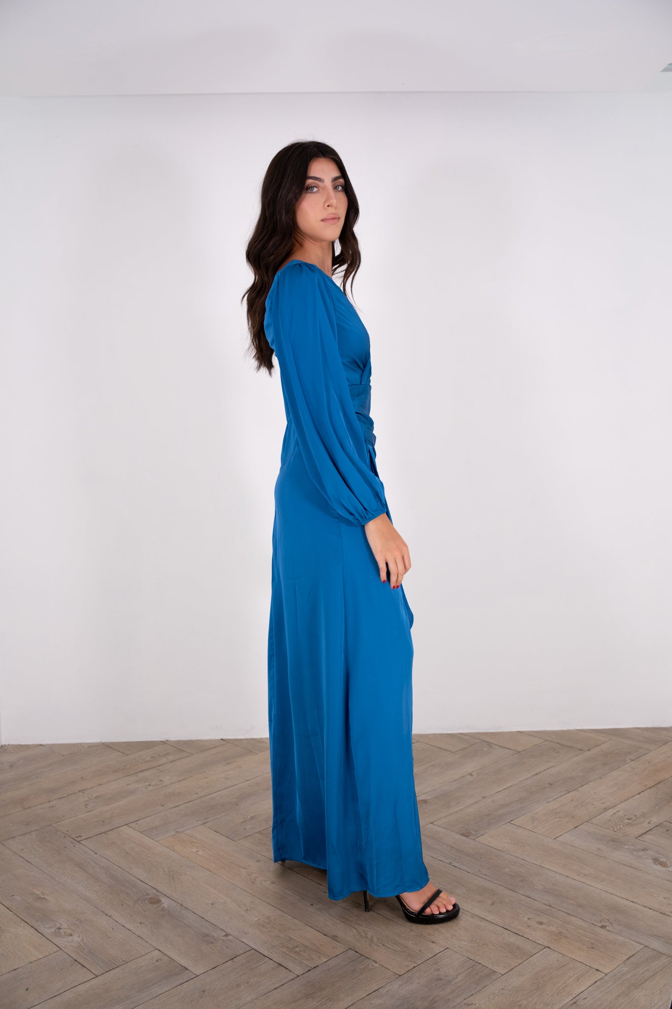 Blue Long Sleeve Satin Dress