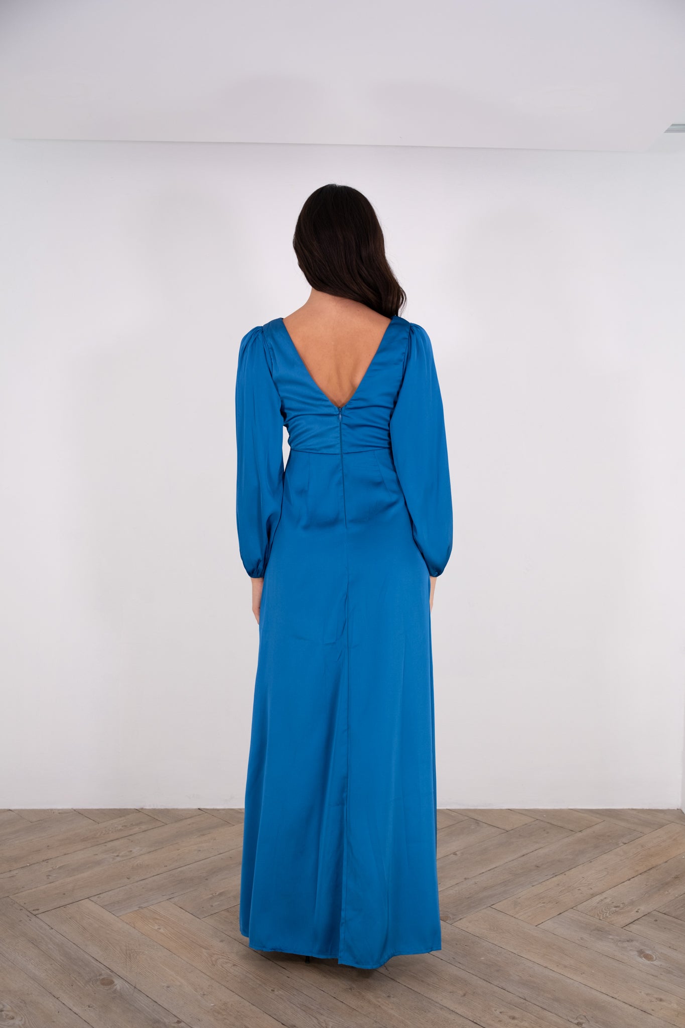 Blue Long Sleeve Satin Dress