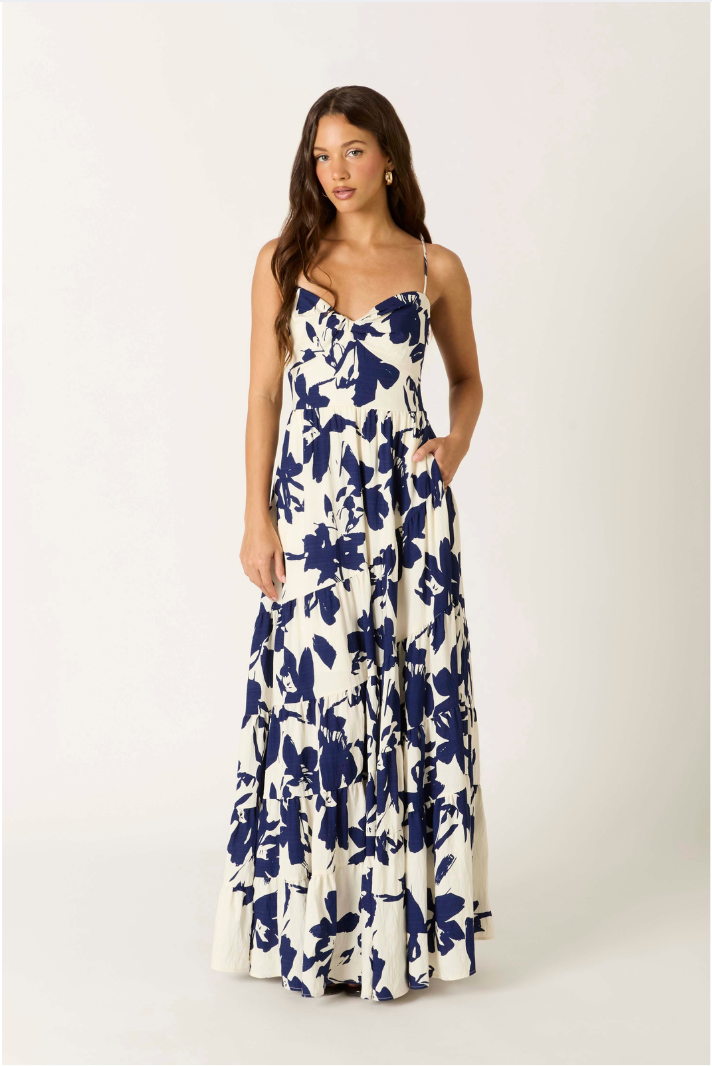 Vestido Largo Floral Azul Marino