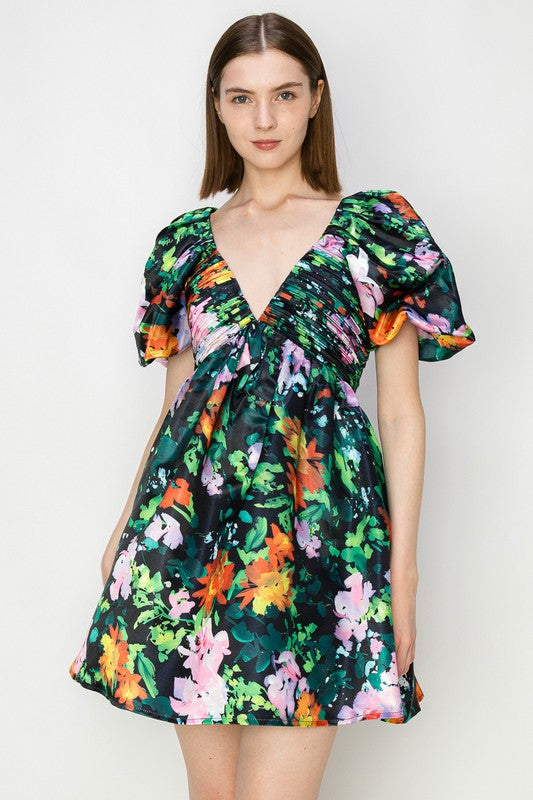 Black V-neck Floral Print Mini Dress