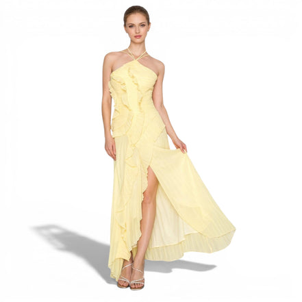 Vestido Largo Amarillo con Holanes y Halter