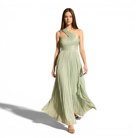 Vestido Largo Verde Salvia Un Hombro