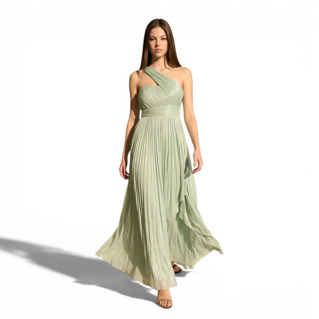 Vestido Largo Verde Salvia Un Hombro