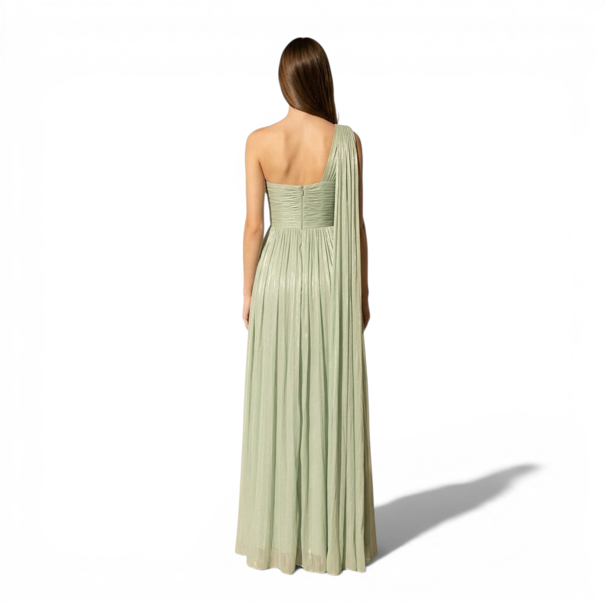 Vestido Largo Verde Salvia Un Hombro