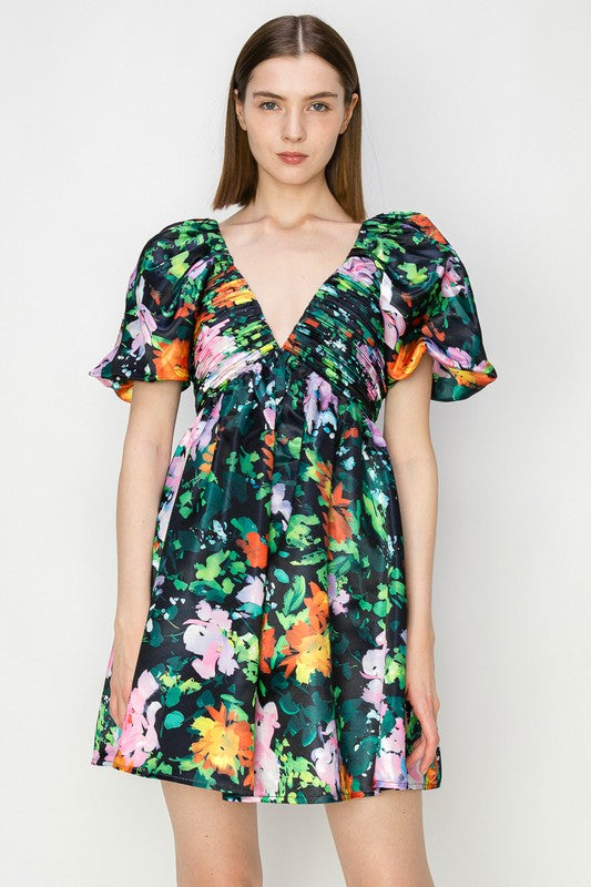 Black V-neck Floral Print Mini Dress