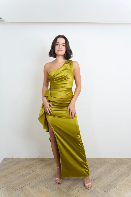 One Shoulder Golden Satin Dress