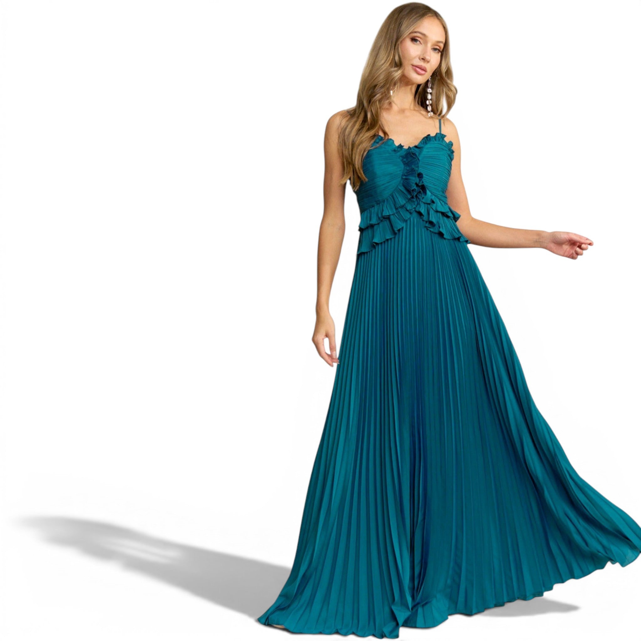Vestido Largo Azul Plisado