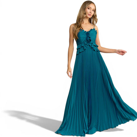 Vestido Largo Azul Plisado