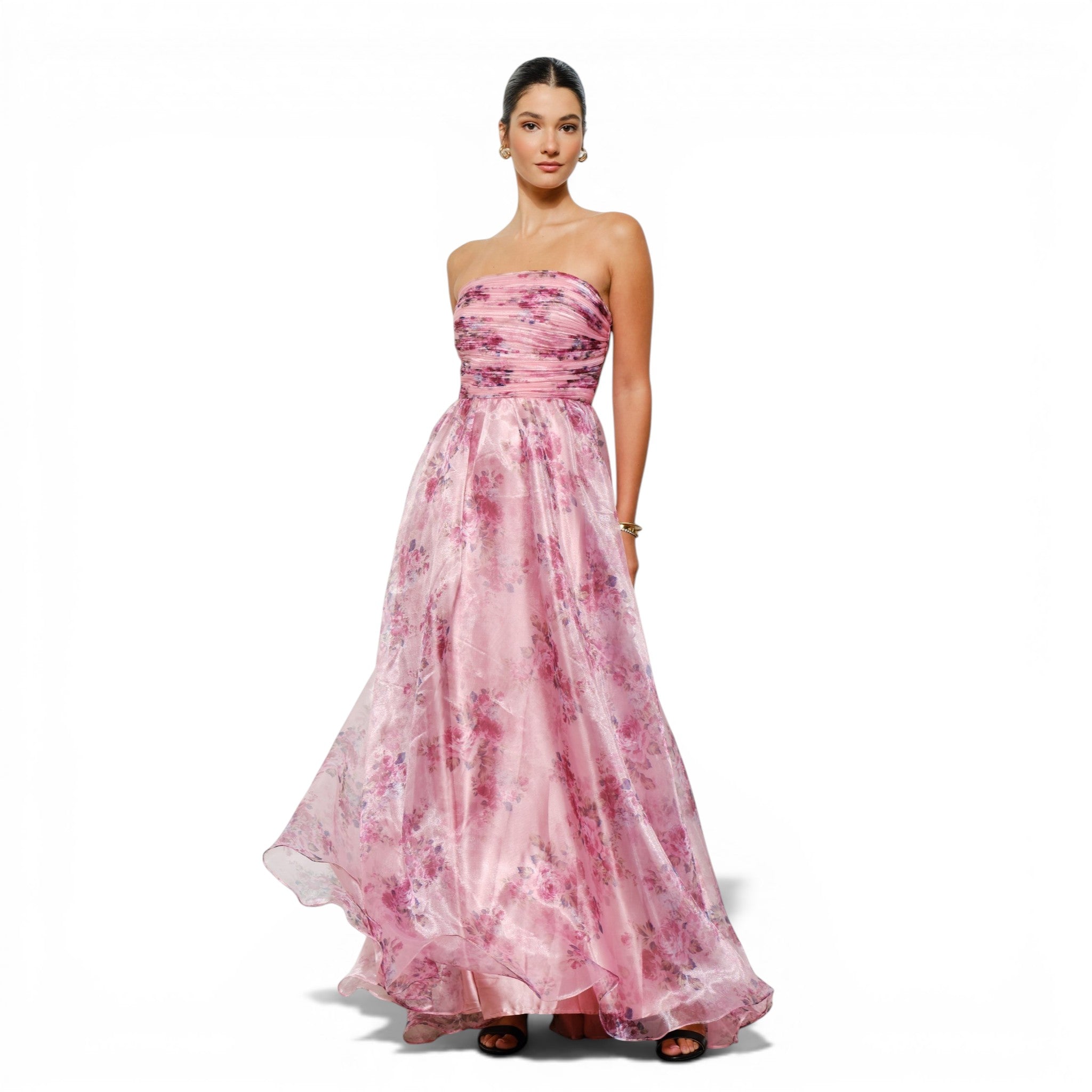 Vestido Largo de Organza Floral Rosa