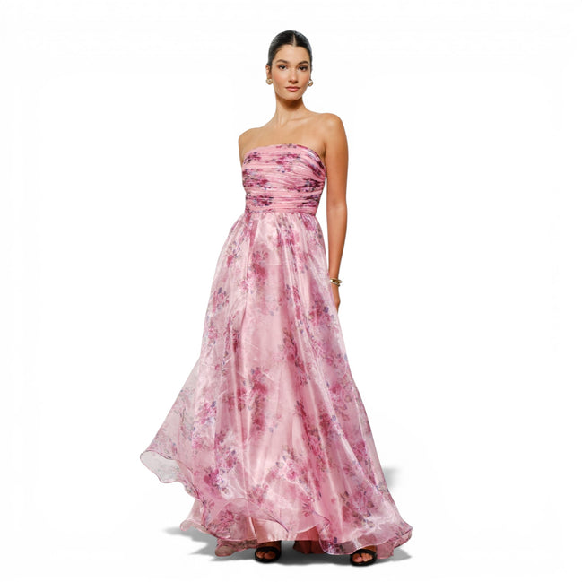 Vestido Largo de Organza Floral Rosa