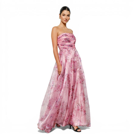 Vestido Largo de Organza Floral Rosa