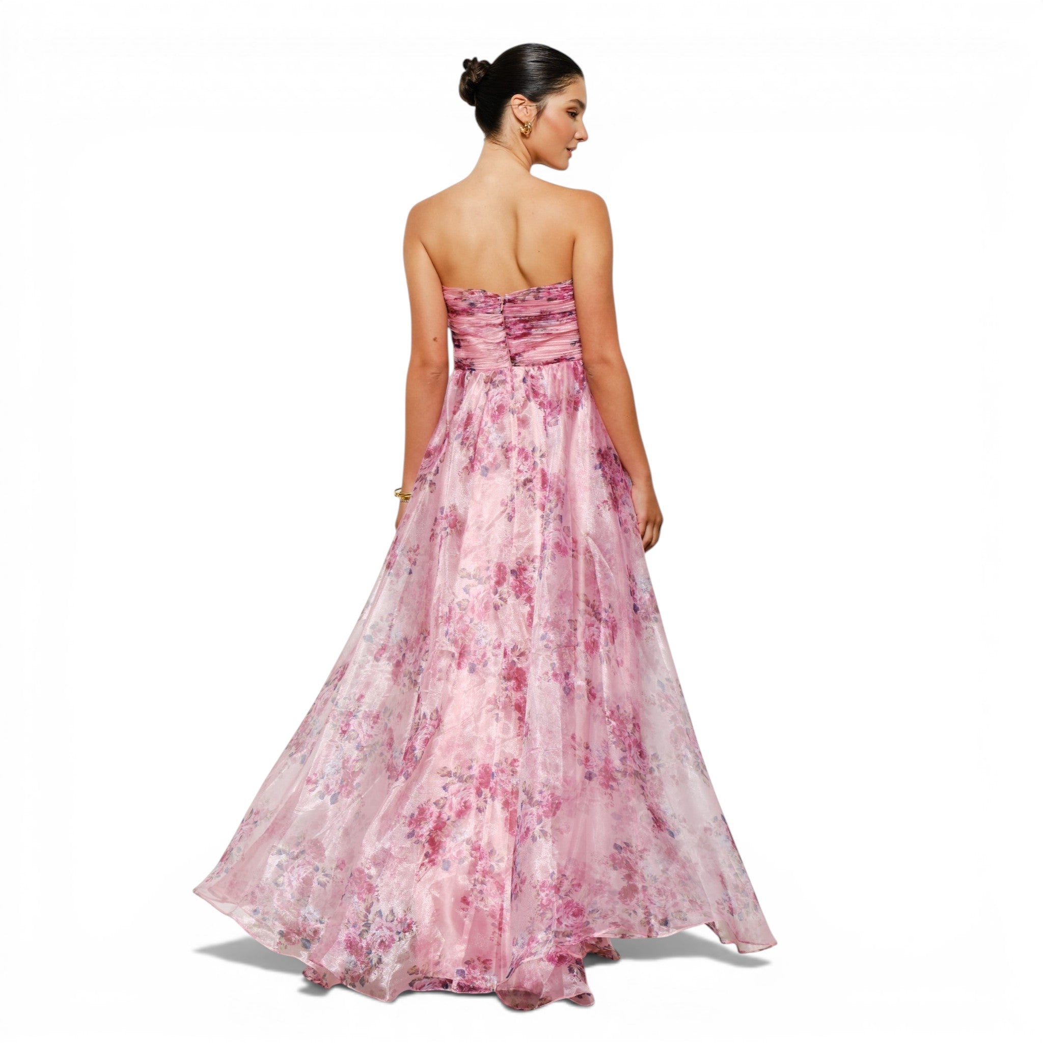 Vestido Largo de Organza Floral Rosa