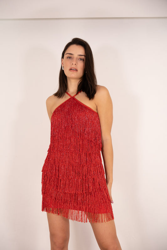 Red Fringe Halter Mini Dress