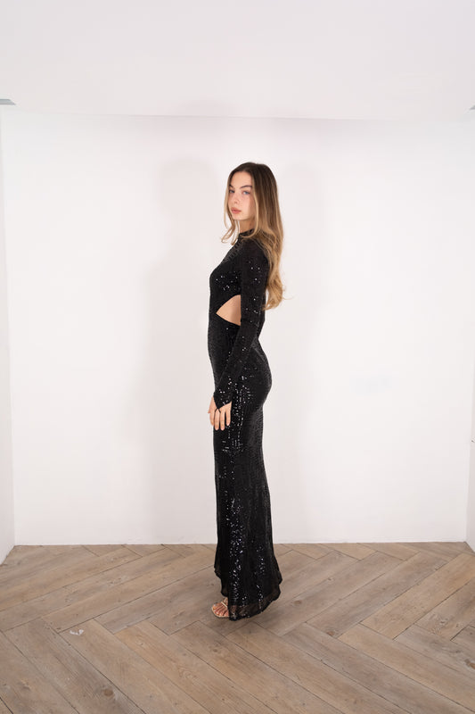 Black Long Sleeve Sequin Maxi Dress