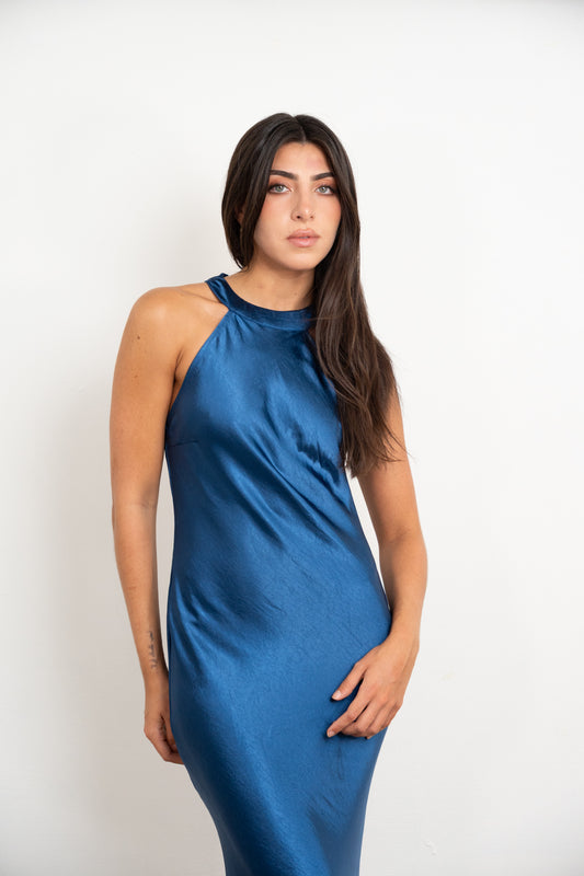 Blue Halter Silk Dress