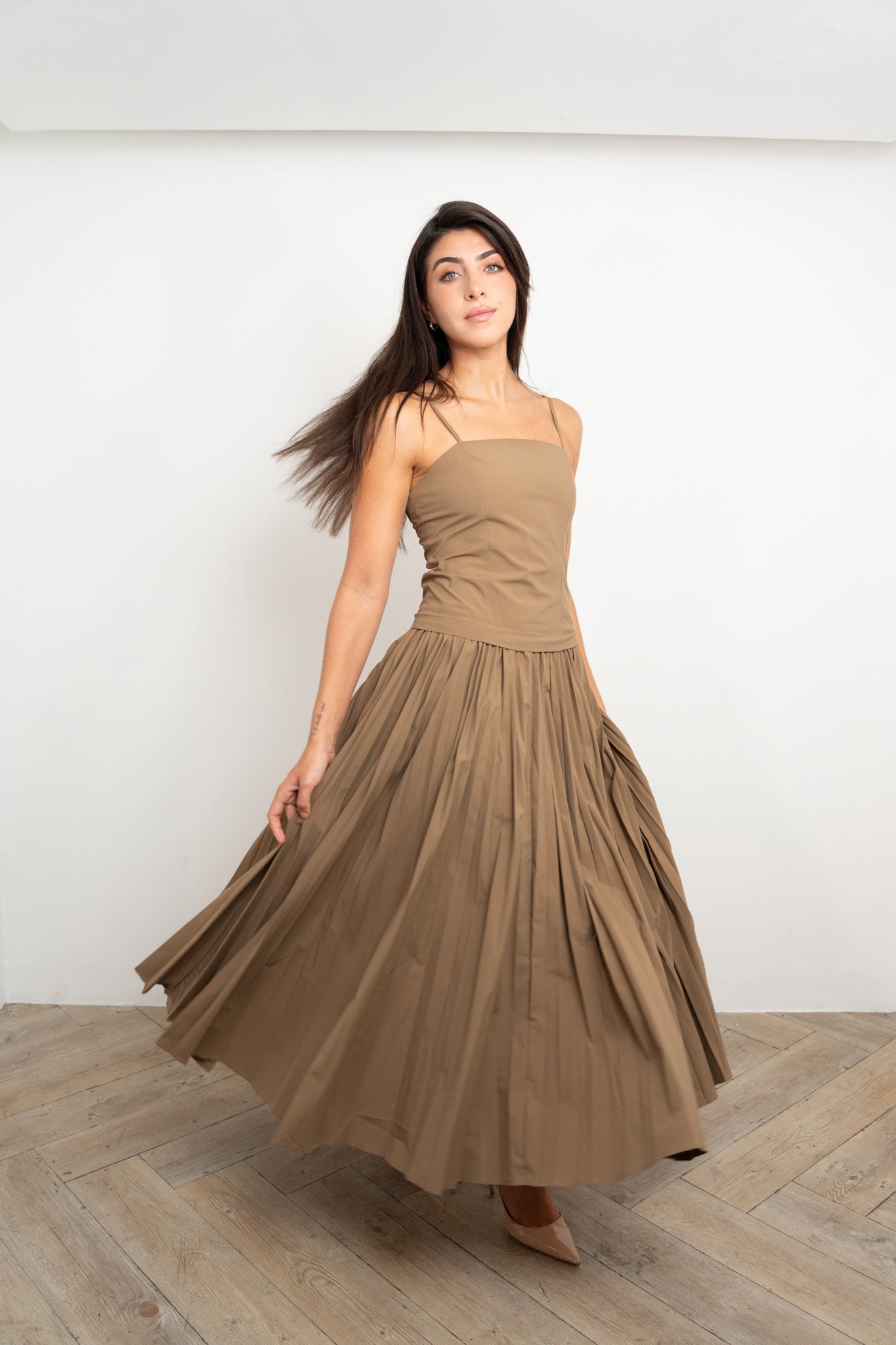 Olive Midi Pleated Skirt Dress